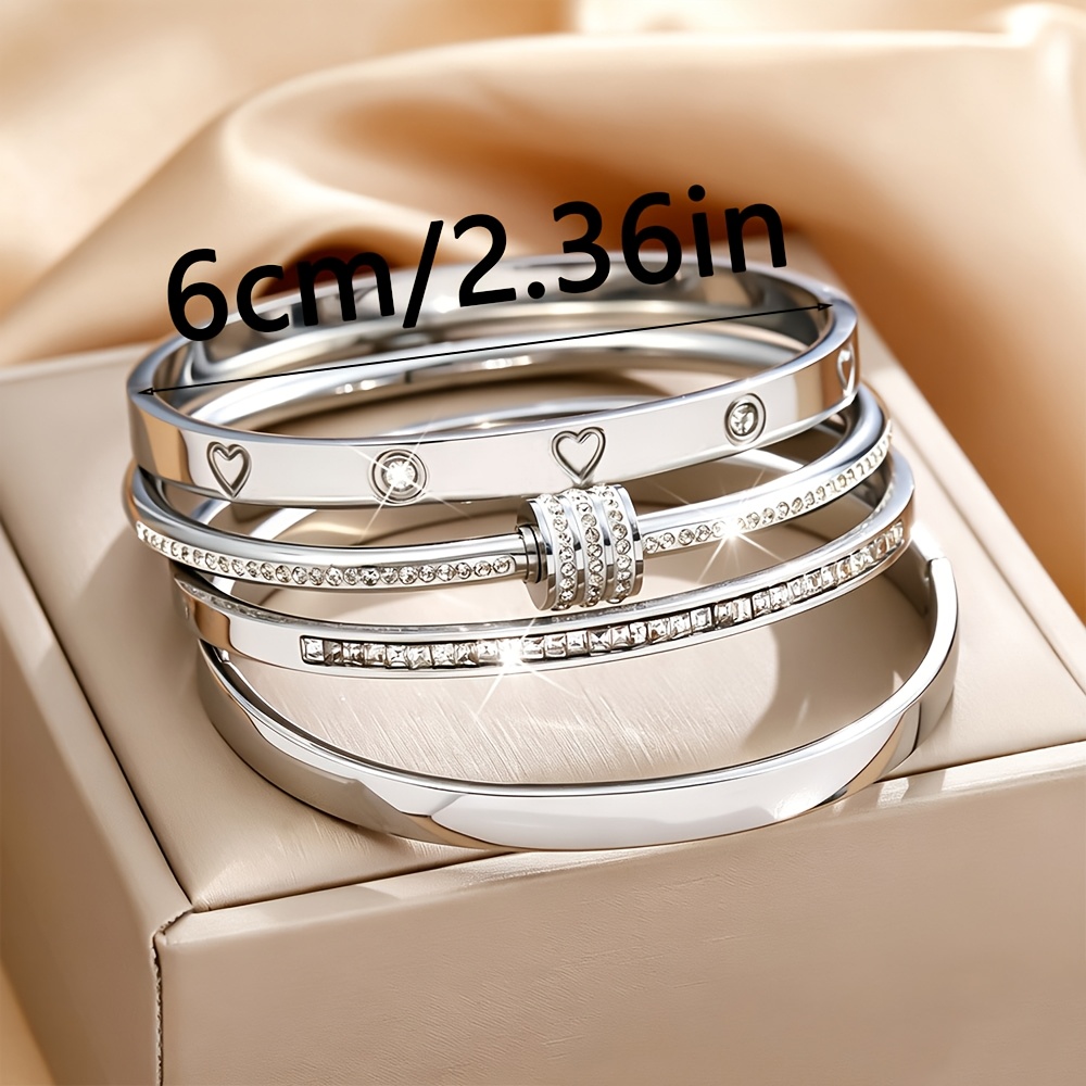 Women's Stackable Stainless Steel Bangle Set with Heart Pattern